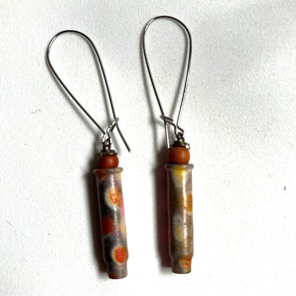 Beauties! Brass & wood- Orange/Pink/Gold Dangle Earrings with Silver-Toned Wires